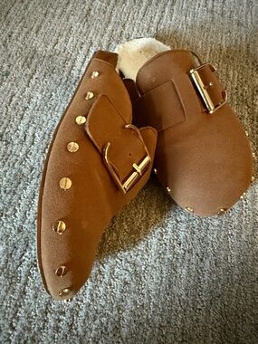 Brown Suede Studded Mule Slippers with Gold Buckle